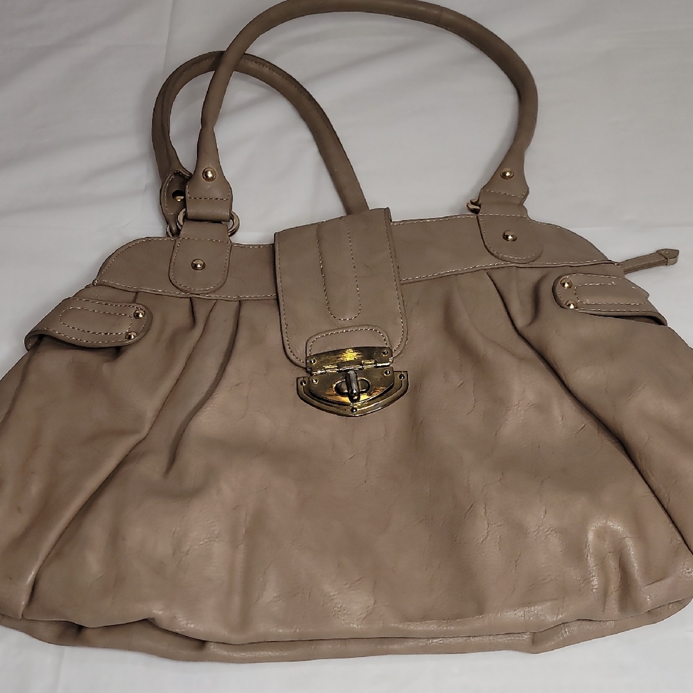 Tan Pleated Clutch with Gold-Toned Clasp